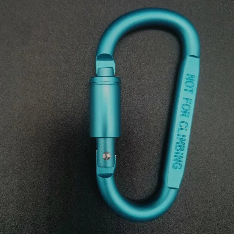 D-type aluminium carabiner with lock mechanism in bright colours measuring 8cm