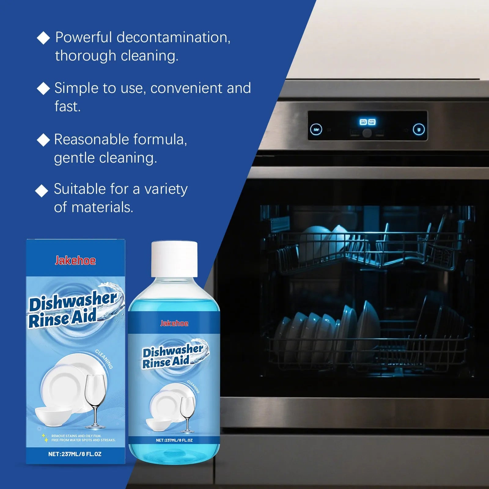 237mL bottle of dishwasher cleaning detergent aid lotion for removing grease from plates.