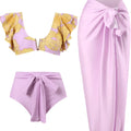Women's colour-matched three-piece bikini set with skirt, blue, split design, polyester lining, size S to XL