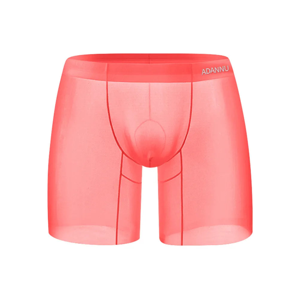 Men's seamless U-convex sports shorts in nylon fabric, available in orange, pink, and red colours