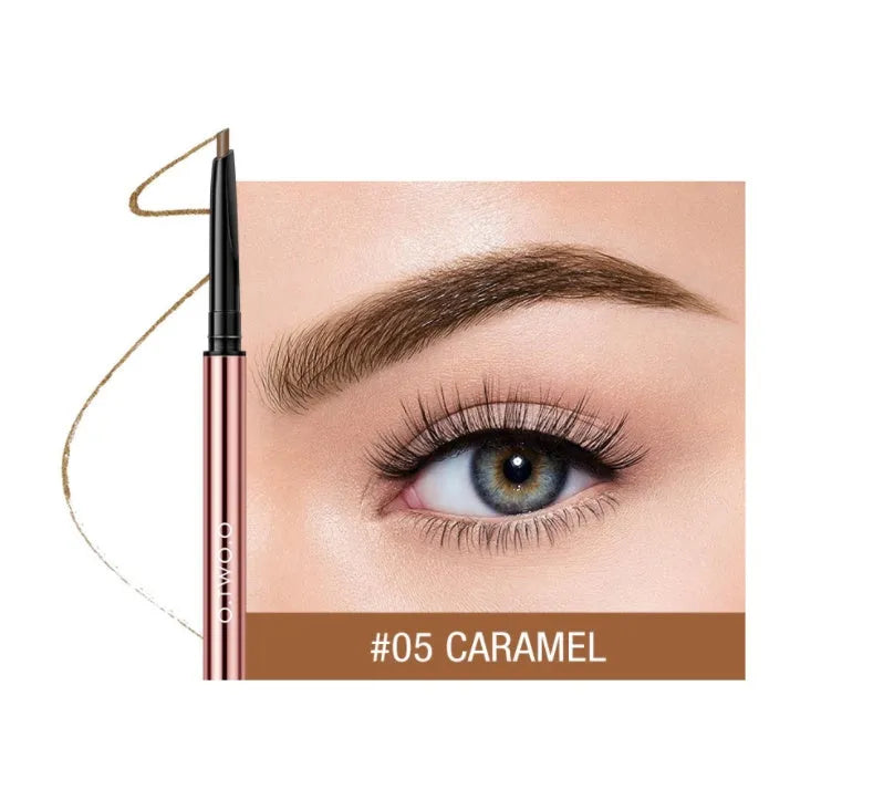 Eye brow make-up pencil in colour box with six shade options shown.