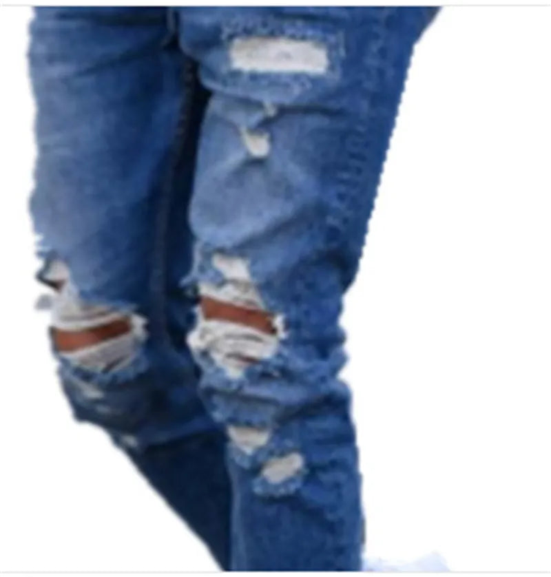 Men's deep blue distressed jeans with hole details on the legs.