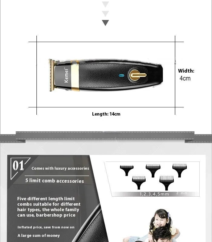 KM1834 rechargeable electric hair clipper with 5 limit combs and USB cable on white background