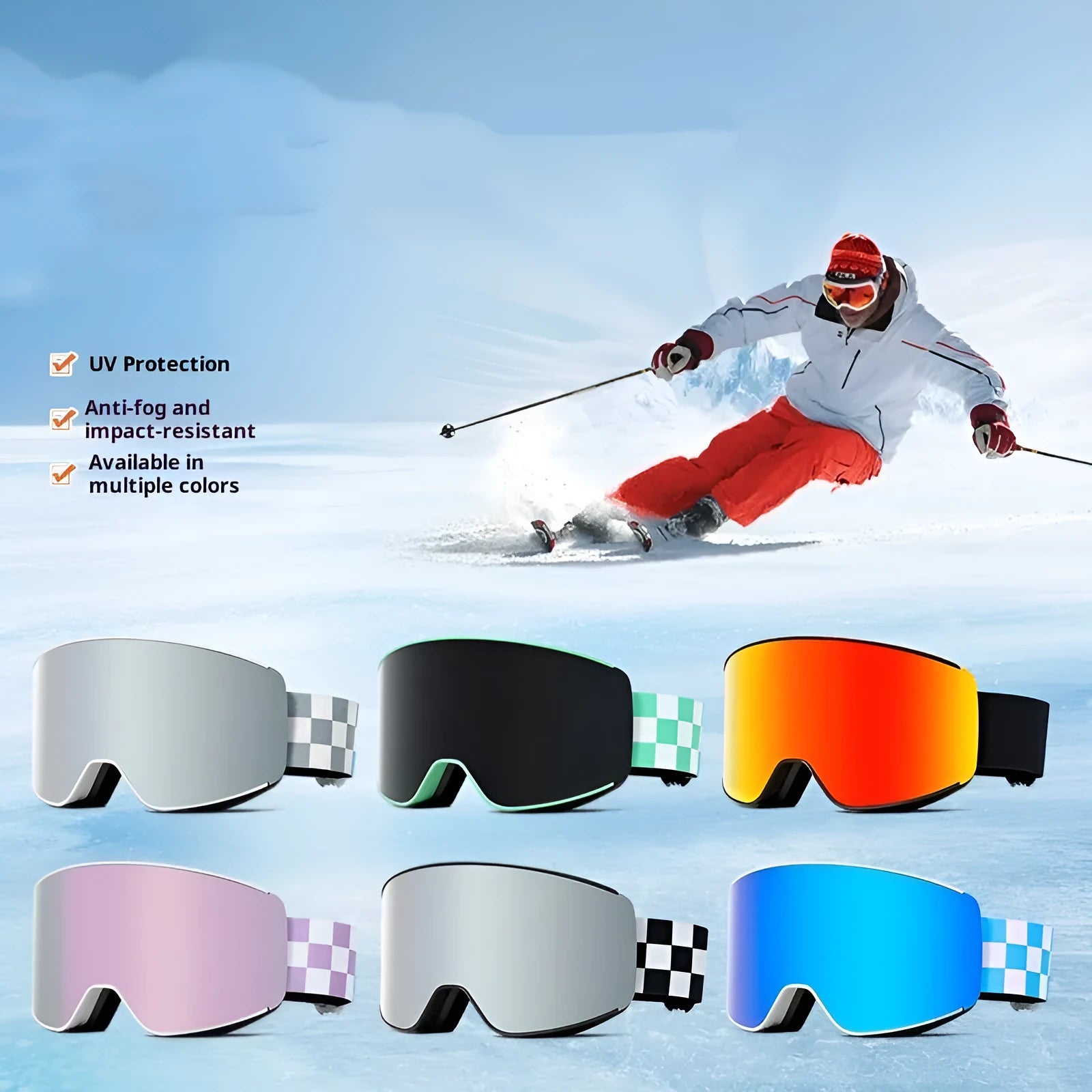 Spherical ski goggles with double-layer anti-fog lens, TPU frame, available in multiple colours for adults