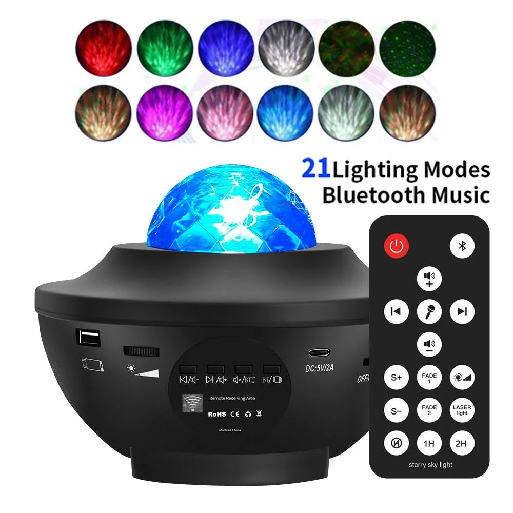 Black parallel finish star projector lamp with rotating water ripple laser effects on desktop
