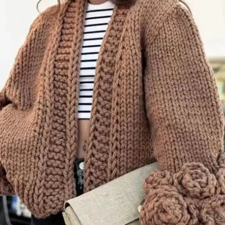 Long sleeve coarse woven knitted cardigan with petal sleeves in milky white for women