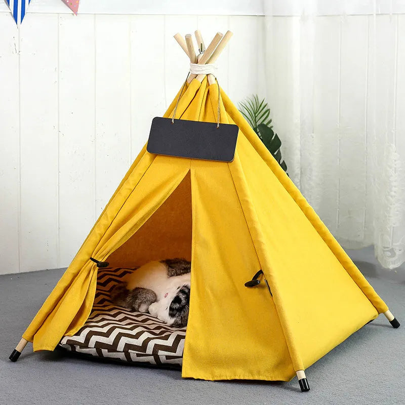 White striped linen teepee tent pet bed with cushion for small dog or cat