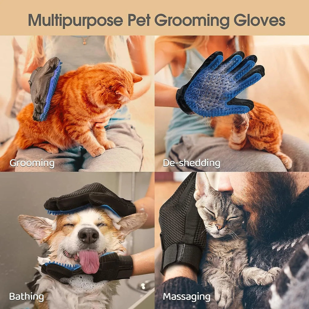 Blue silicone pet grooming gloves with multiple tips for brushing dogs, cats, or horses.