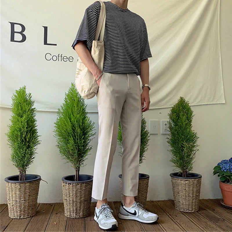 Men's straight-leg cotton trousers in khaki with drawstring waist, Korean-style fold craft, available in sizes 28-34