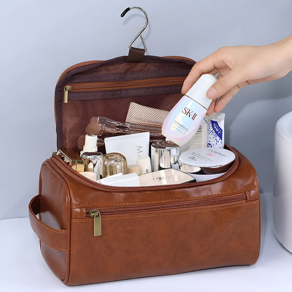 Large capacity waterproof cosmetic bag in retro style, available in PU leather or Oxford cloth materials.