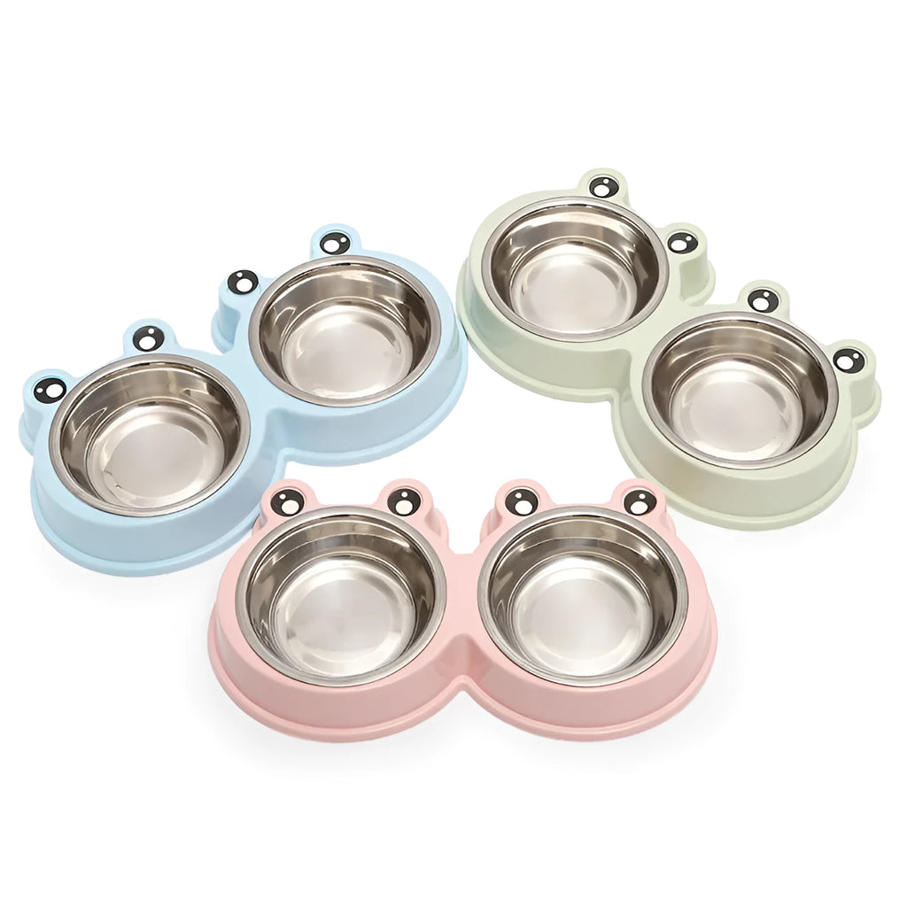 Frog-shaped double pet bowl with stainless steel interior for food and water, in blue