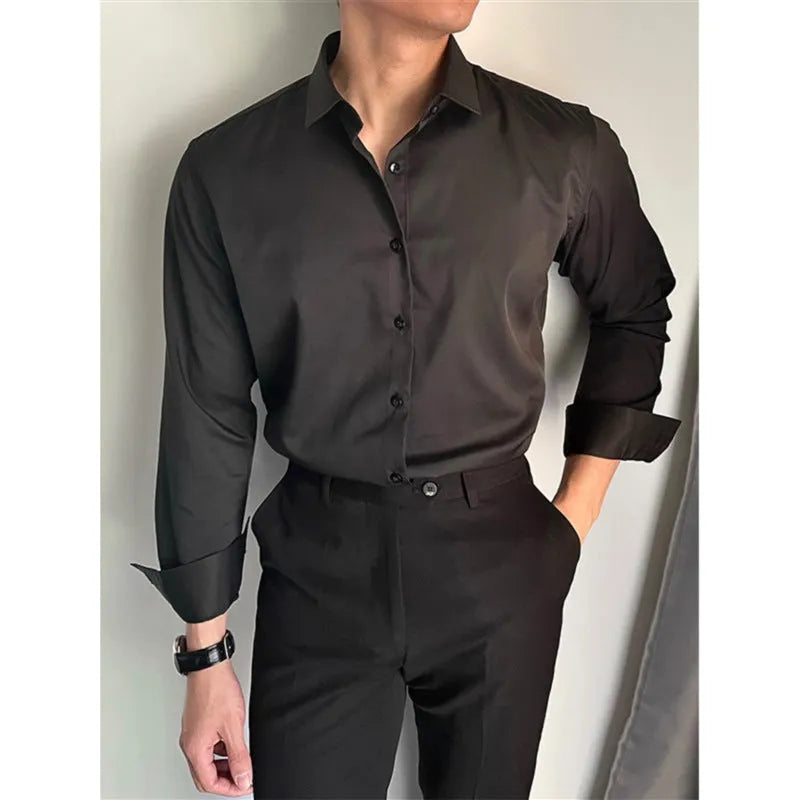 Men's Korean slim fit cardigan-style shirt in solid black, grey, or white.