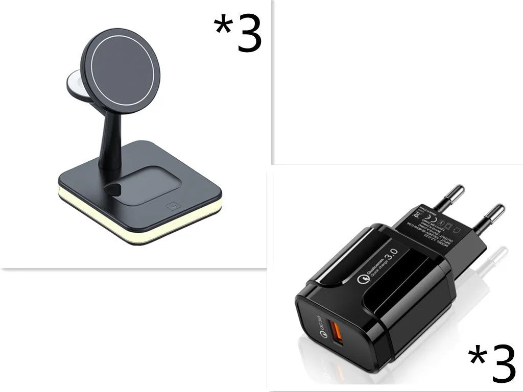3-in-1 wireless charger magnetic bracket charging smartphone, watch, and earbuds on a desk