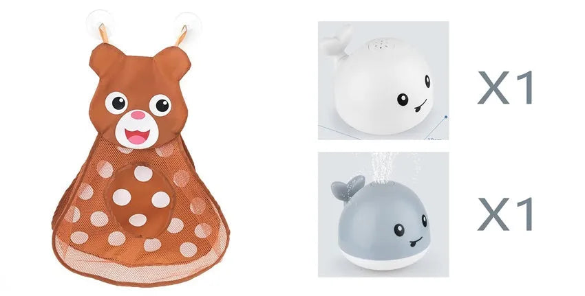 Blue and white whale bath toy with water spray and flashing lights for baby sensory play