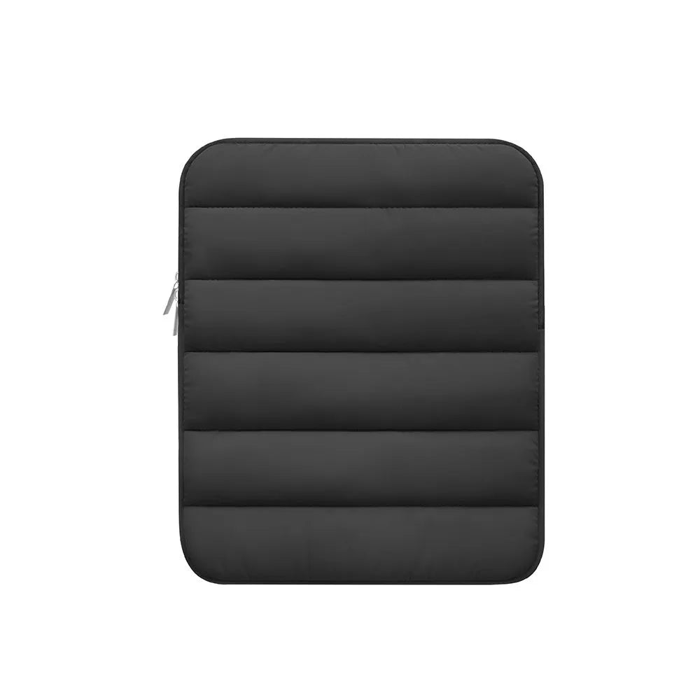 Fluffy padded laptop sleeve case for 9.7 to 11 inch devices in black, khaki, and silver colours.
