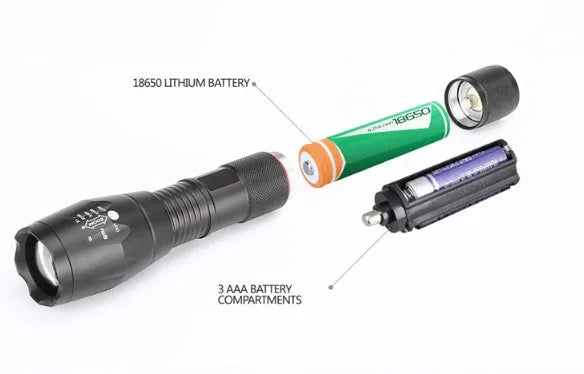 Black aluminum alloy zoom flashlight with adjustable head for focus, shown with beam reaching into distance.