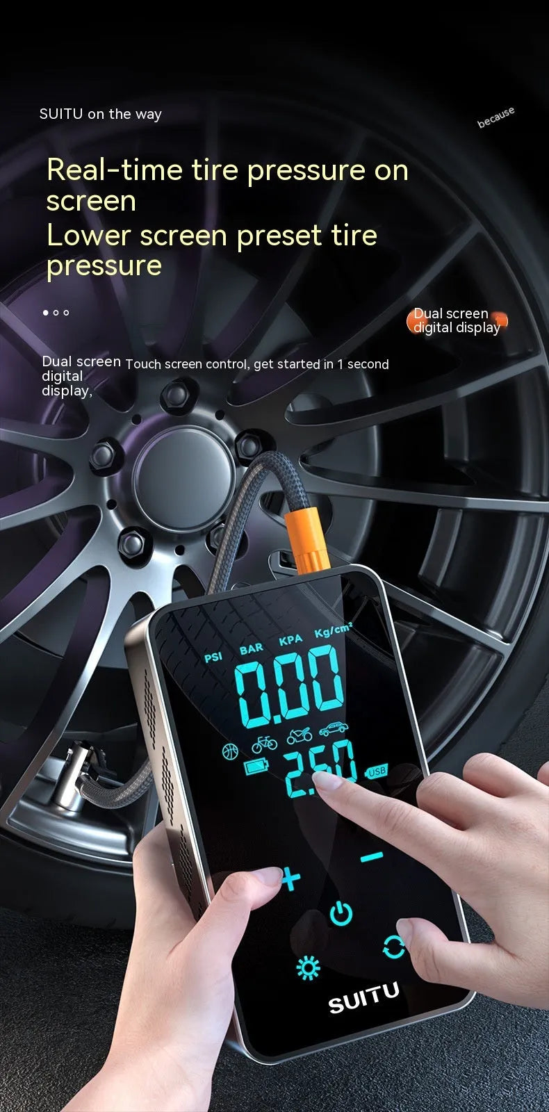 Wireless car tyre inflator with digital LCD screen showing pressure reading