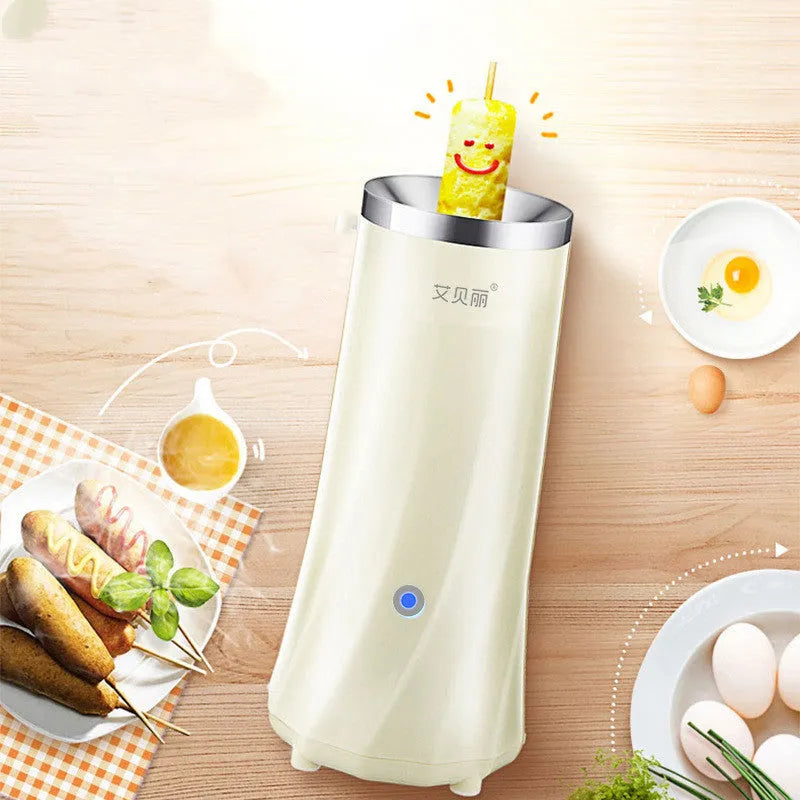 Beige white and green coloured multifunctional mini breakfast machine on a kitchen countertop.