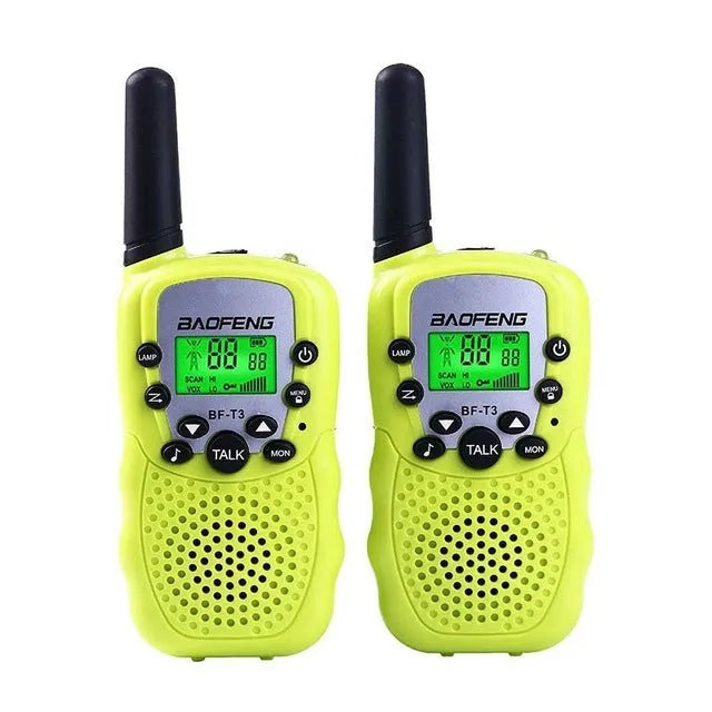 Children's walkie talkie set showing two handheld units in available colour options with 22-channel display