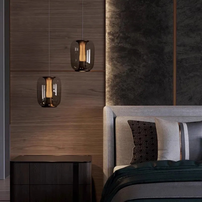Minimalist Nordic style chandelier with glass globe shade in clear, cognac or smoky grey colour
