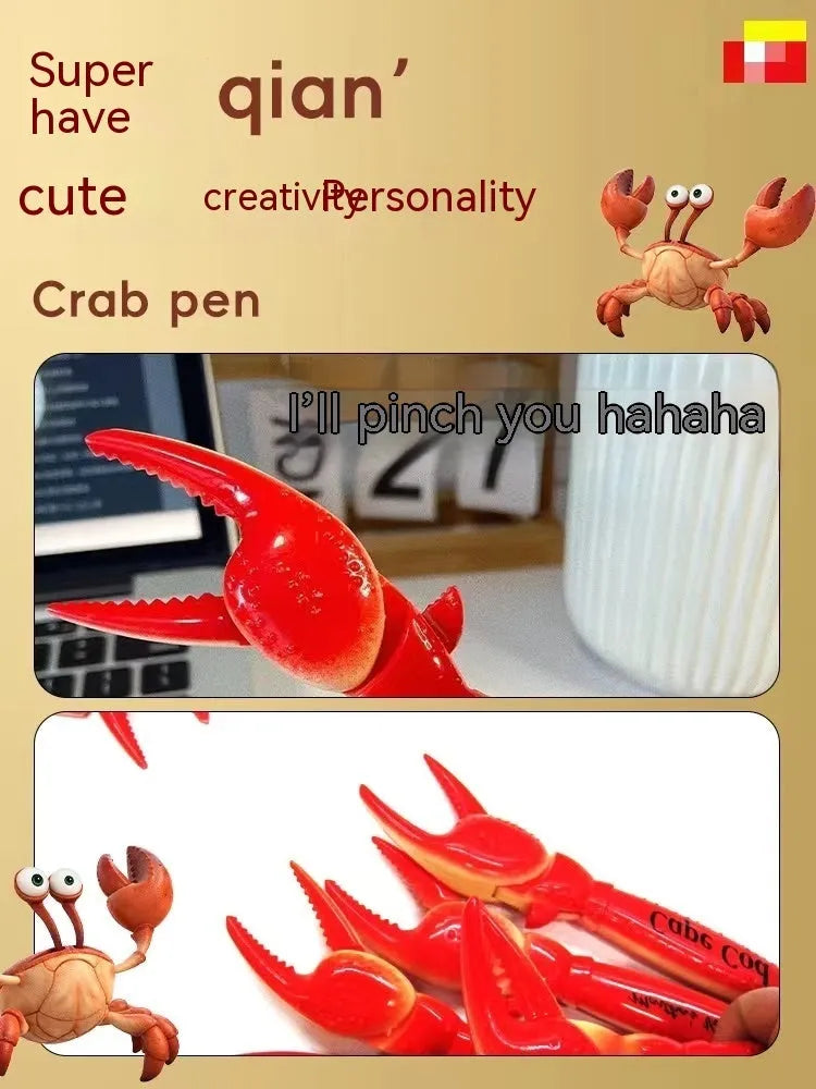 Crab-shaped ballpoint pen with pressing can clip mechanism and personalised crab design