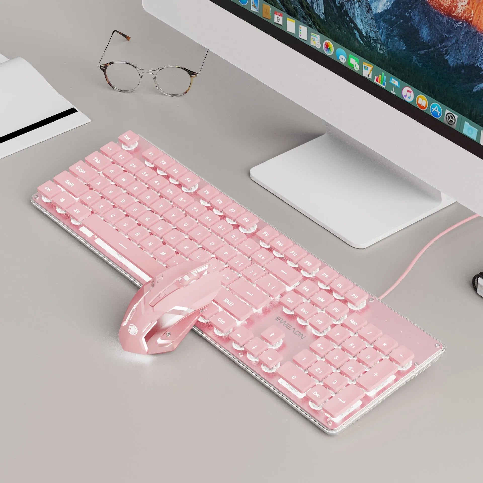 Mute mechanical keyboard with LED lighting and matching wired mouse in silver white blue colour combination