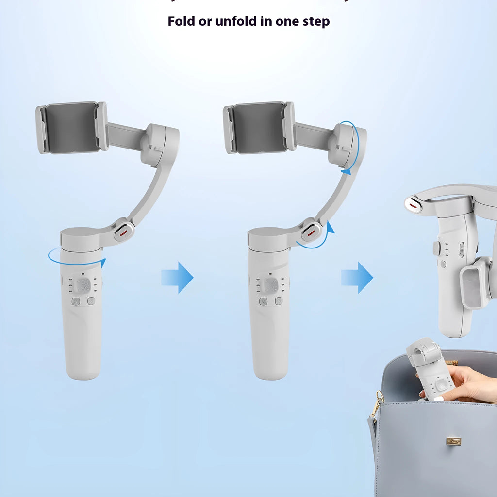 M01 handheld tripod phone stabiliser with three-axis gimbal and ABS body on surface