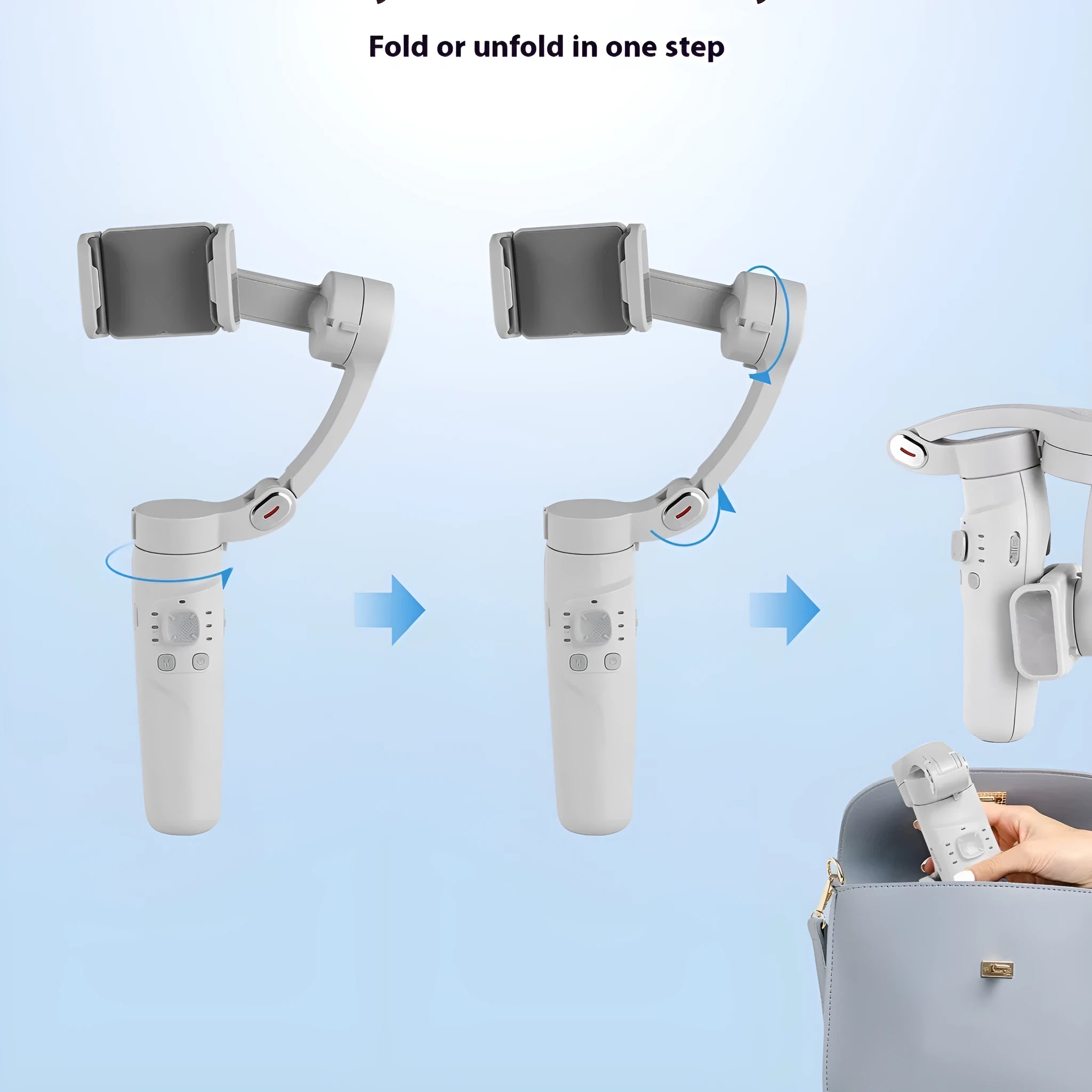 M01 handheld tripod phone stabiliser with three-axis gimbal and ABS body on surface