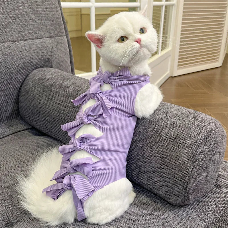 Lace-up cat sterilisation recovery suit in polyester shown in multiple colours with adjustable closure