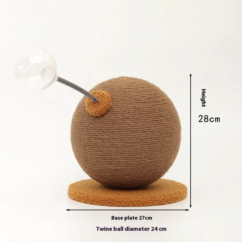 Hemp rope cat scratch board with attached ball toys in large and small size options.