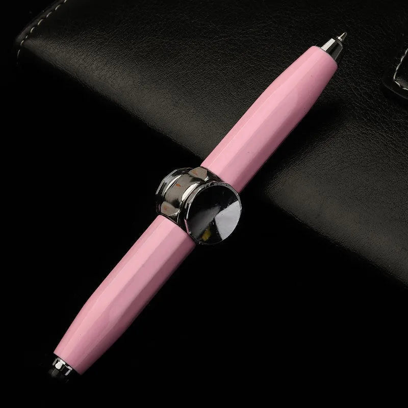 Metal gyro ballpoint pen with LED spinner, shown in multiple refill colour options.