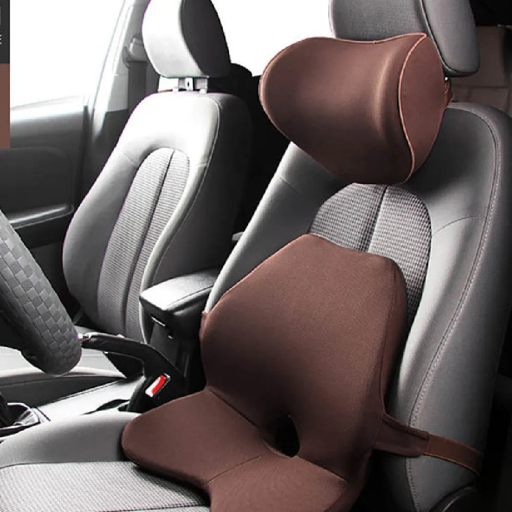 Car seat waist support cushion with memory foam, shown in beige, black, coffee, and grey colours.