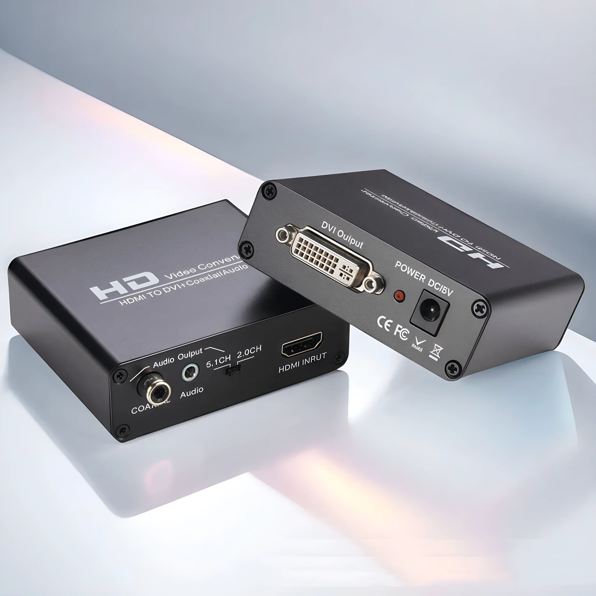 Black HDMI to DVI converter with coaxial 3.5mm audio output and 1.5 metre cable for safety monitor systems