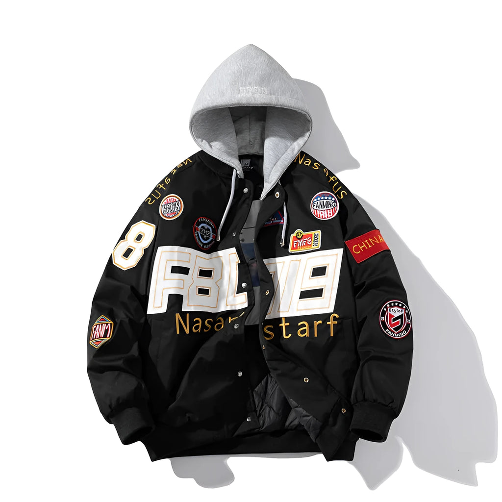 Black red blue motorcycle baseball uniform with hood and cotton padding for autumn winter riding