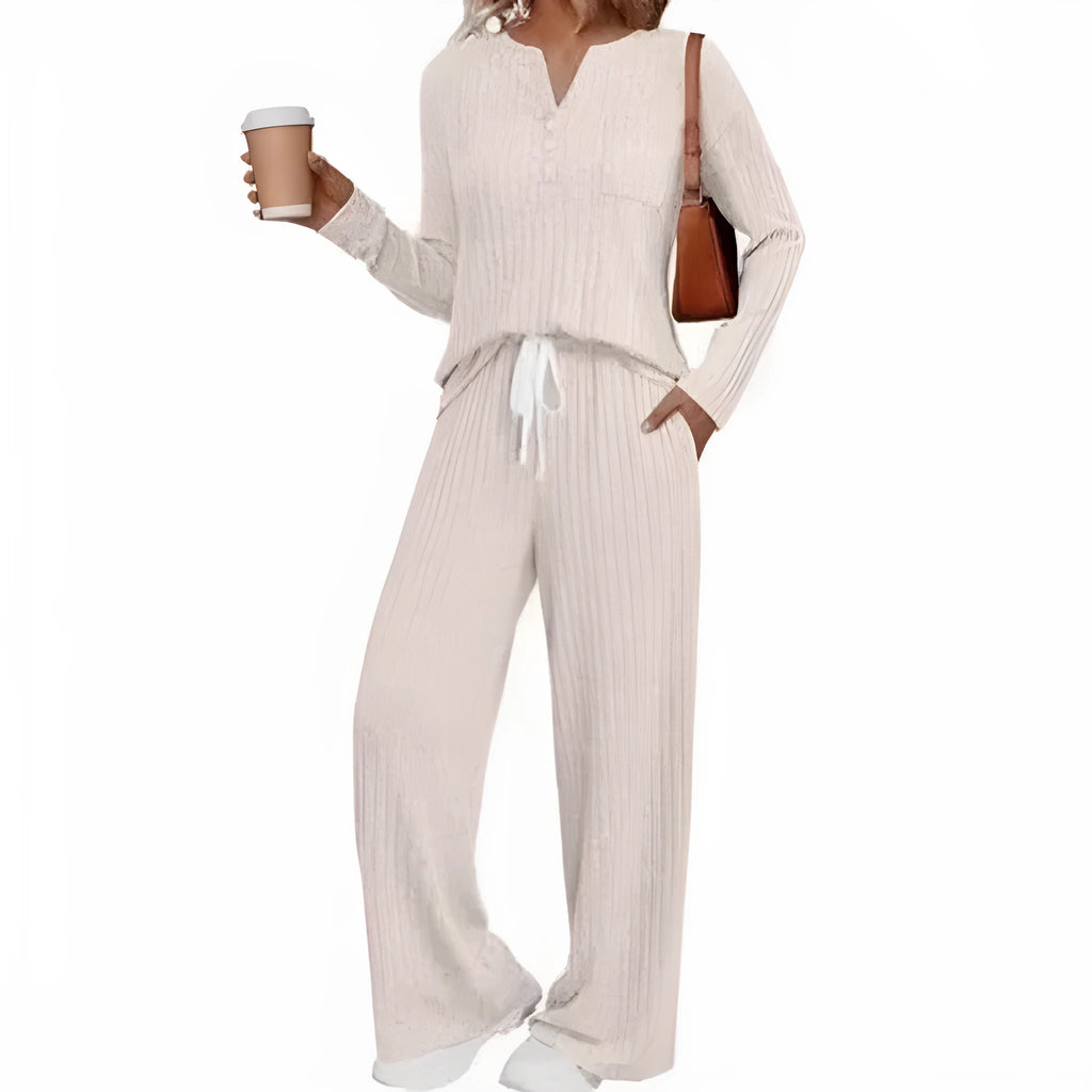 Knitted V-neck long coat with striped pattern in light grey colour showing lace-up details