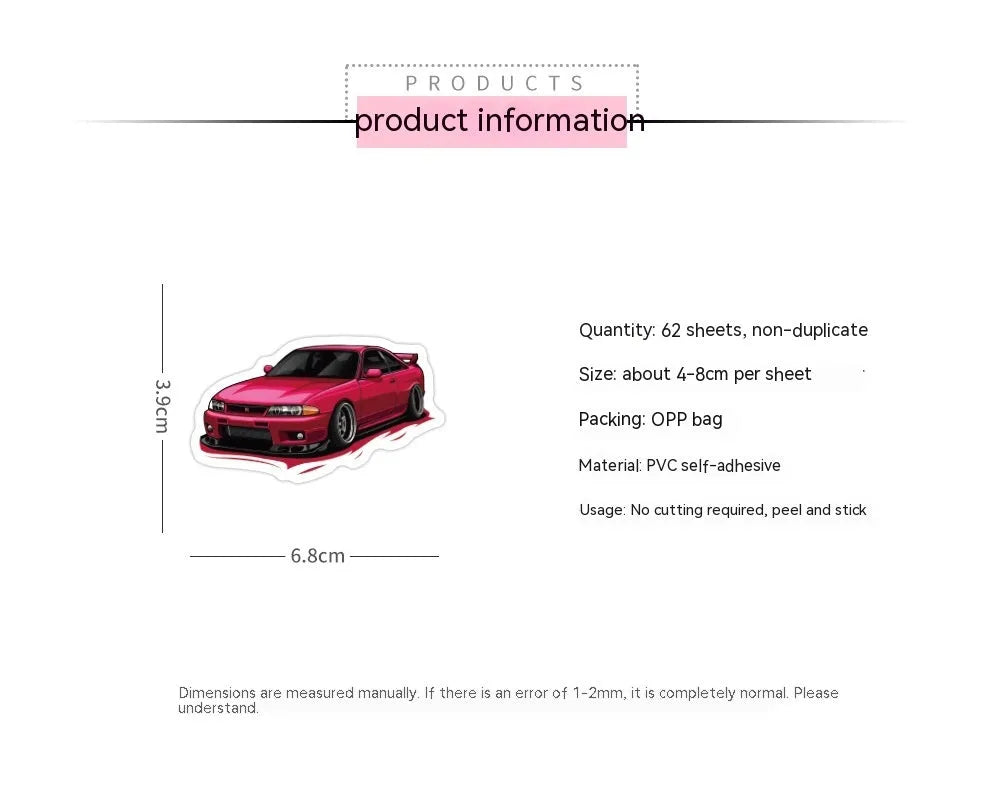 60 graffiti sports car vinyl stickers in sizes 5cm to 7cm on a sheet.