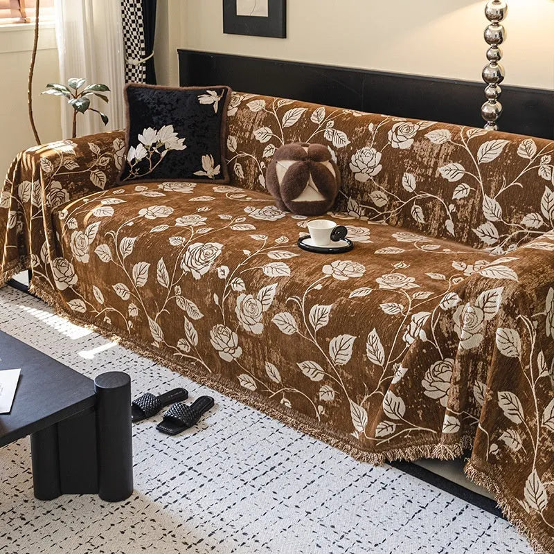 Retro floral chenille sofa cover in beige draped over a sofa, 180cm width, with fabric texture visible