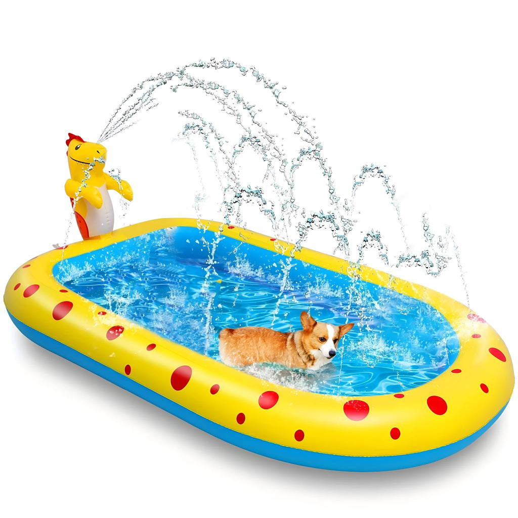 Blue dinosaur inflatable water spray pool with shark design play mat and spray toys