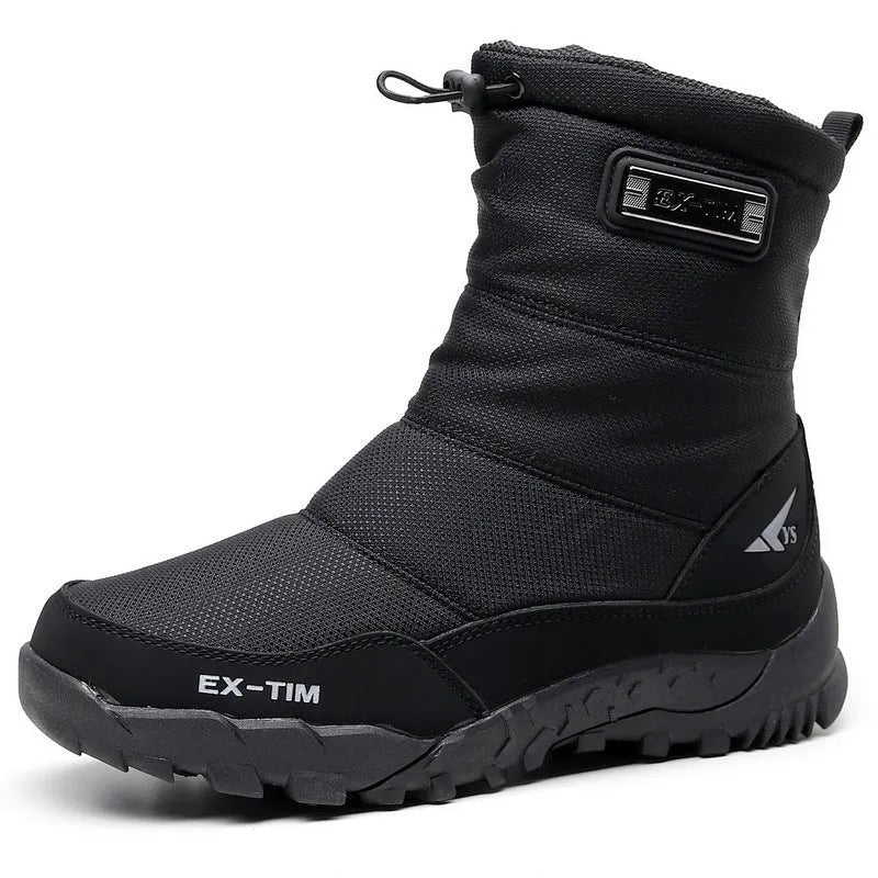 Men's waterproof snow boots with fleece lining, canvas upper, side zipper, and mid heel in multiple winter colours