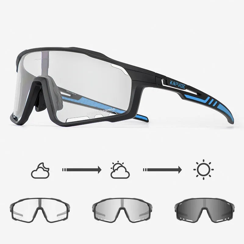 Photochromic sports sunglasses with semi-rimless TR90 frame for cycling.