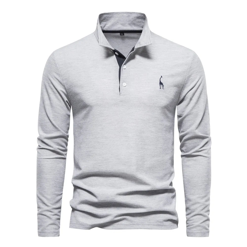Men's casual polo long sleeve top with deer embroidery, cotton blend, available in multiple colours