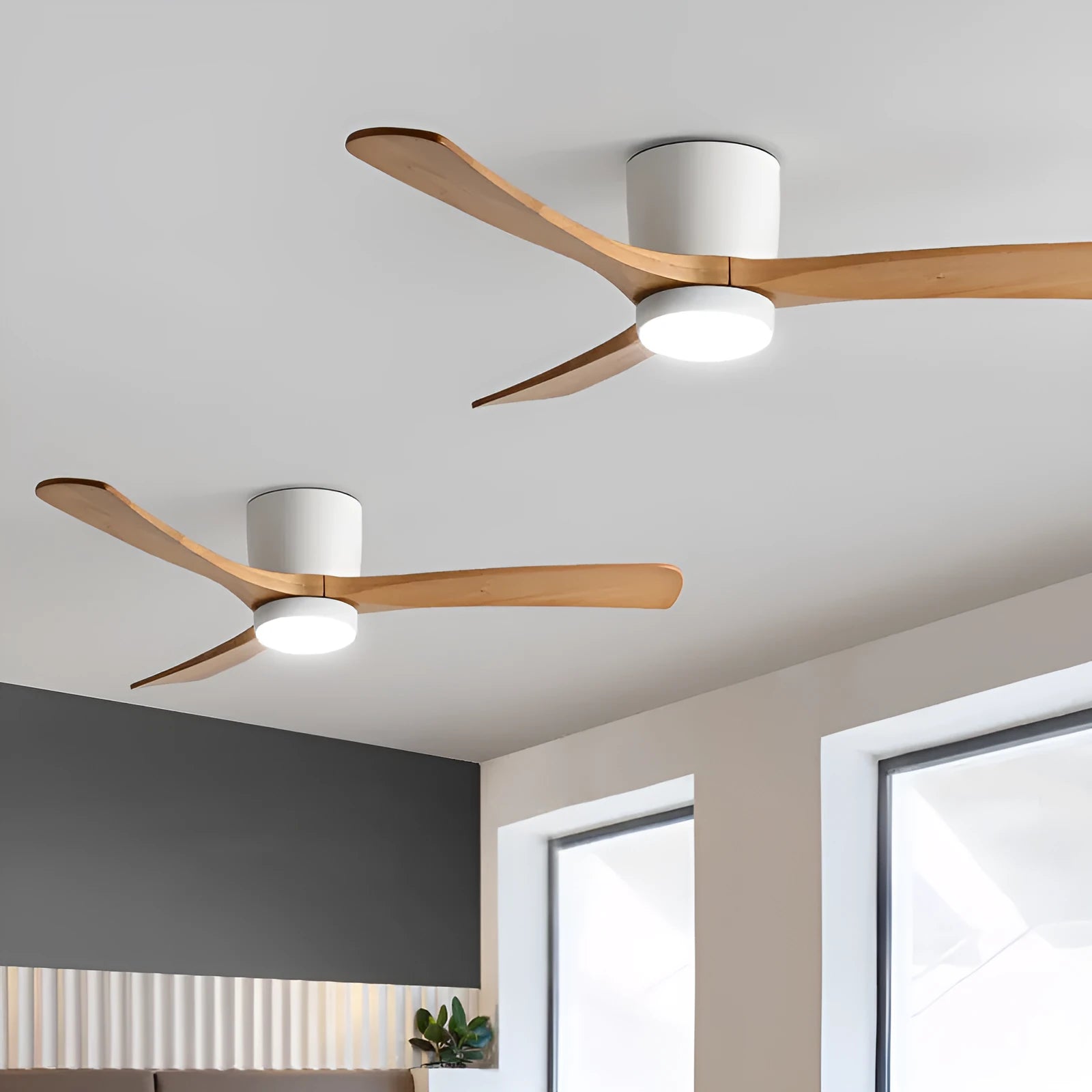 Fan pendant lamp with wooden blades and PVC shade in black, 36 inch, with remote control