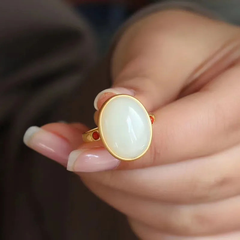 Women's copper open ring with white electroplating, gilding, and inlaid Hetian jade in national style
