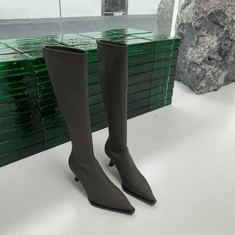 Women's black pointed toe below knee boots with back zipper and stiletto heel