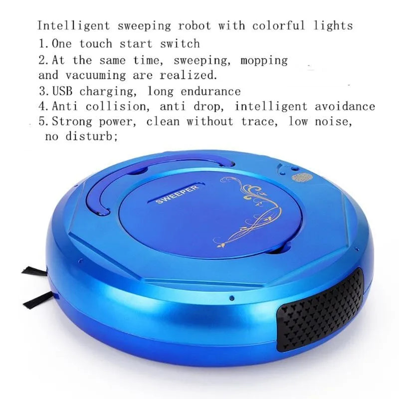 Blue robotic vacuum cleaner on a wooden floor next to its charging cable and accessories.