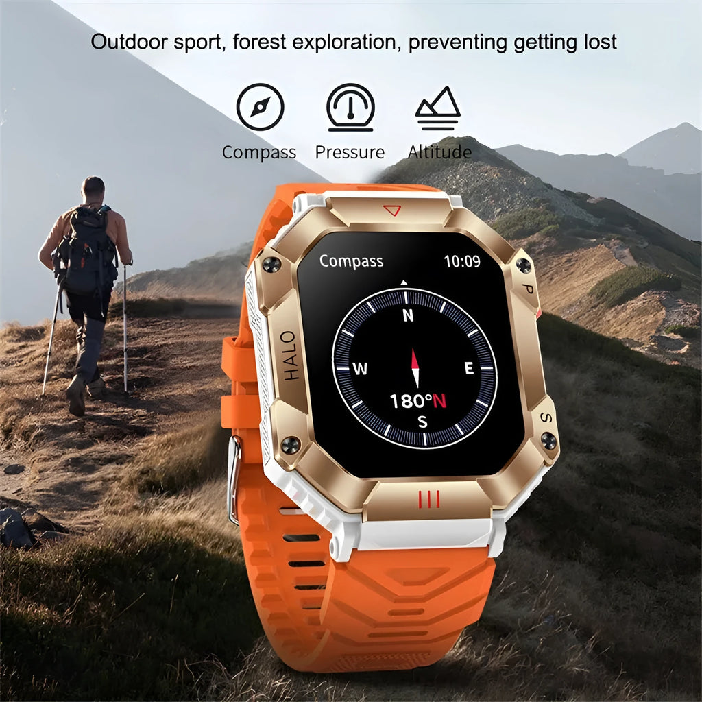 Android smart watch with GPS on wrist, showing titanium alloy case and black camouflage strap.