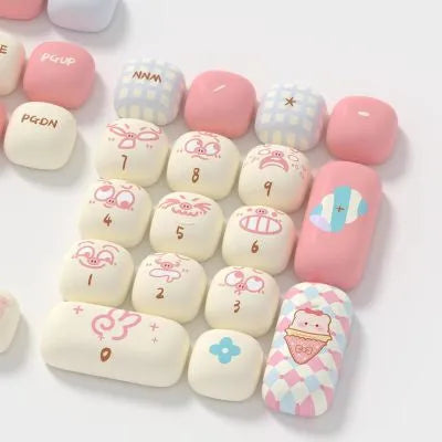 Full set of colourful cartoon pig themed PBT keycaps for mechanical keyboards on a white background.