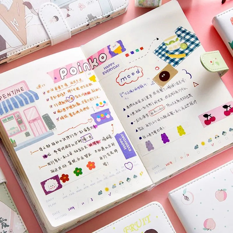 Fruit print notebook planner with magnetic buckle, imitation leather cover, kawaii illustration, A6 size 18.6x13.8cm