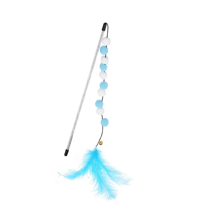 31cm long cat teaser interactive toy rod with bell and colourful polyester pompon feather attachment