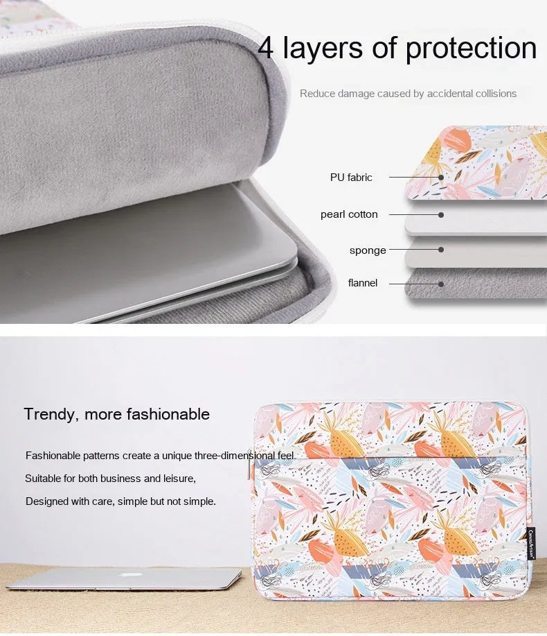 White PU leather waterproof laptop inner sleeve for 14-inch devices, shown alongside other size options.